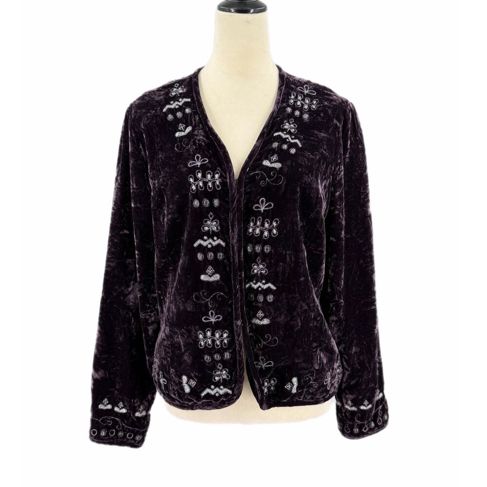 Chico’s Sz 2 Dark Purple Crushed Velvet Embroidered Beaded Glam Boho Jacket